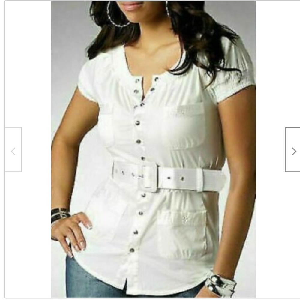 NEW ! Dereon  Belt beige snap down POPLIN SHOULDER Shirt 1X 14 16 PLUS